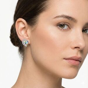 Swarovski Silver Aurora Borealis Crystal Heart Stud Earrings with Rhinestone Swo